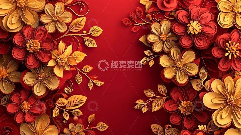 高清大图下载【趣麦麦图】红金立体花朵背景