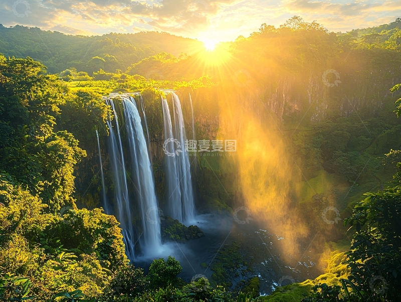 高清大图下载【趣麦麦图】日出瀑布