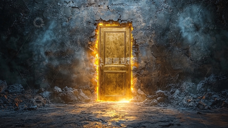 高清大图下载【趣麦麦图】神秘古老石墙发光木门