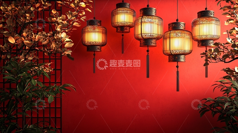 高清大图下载【趣麦麦图】红墙背景中式灯笼