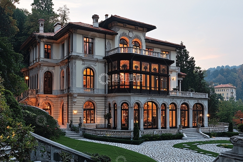 高清大图下载【趣麦麦图】湖边豪华别墅夜景