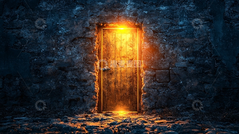 高清大图下载【趣麦麦图】石墙上的发光木门