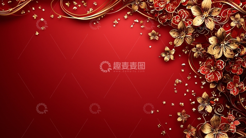 高清大图下载【趣麦麦图】红色背景金色花朵