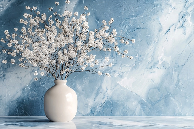 高清大图下载【趣麦麦图】蓝调背景下白色花瓶白花