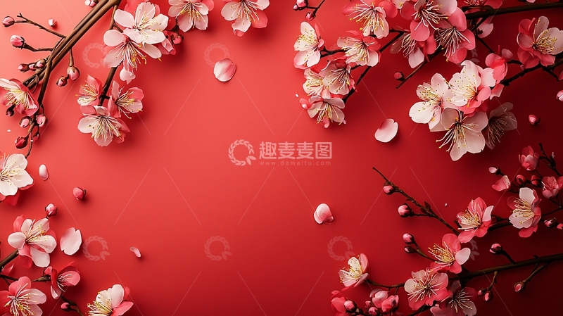 高清大图下载【趣麦麦图】红底粉色梅花花瓣素材