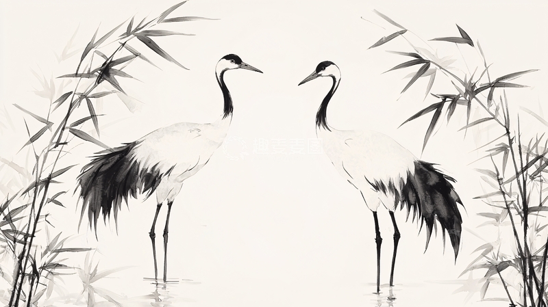 高清大图下载【趣麦麦图】水墨丹顶鹤竹林图