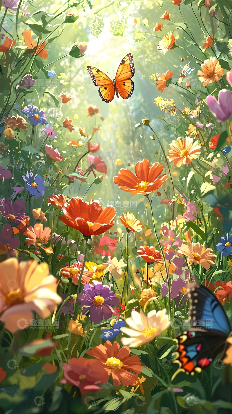 高清大图下载【趣麦麦图】阳光下的花海蝴蝶