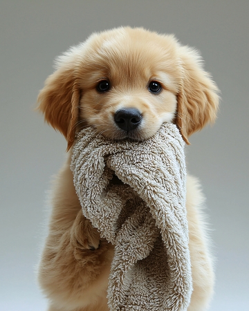 金毛幼犬叼毛巾