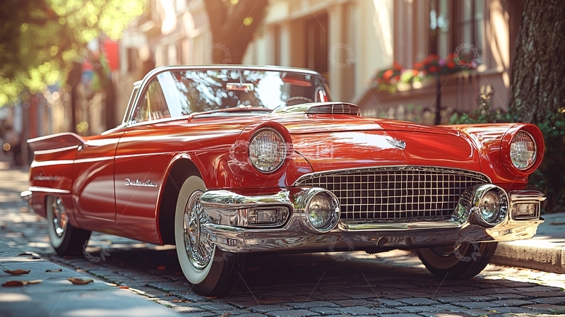 高清大图下载【趣麦麦图】红色复古敞篷车街道