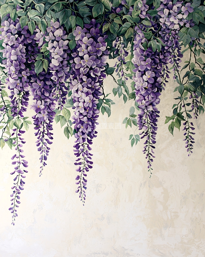 高清大图下载【趣麦麦图】紫藤花垂挂墙面