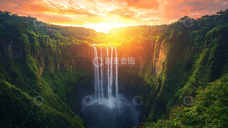 高清大图下载【趣麦麦图】壮丽日落瀑布