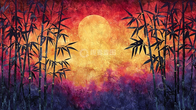 高清大图下载【趣麦麦图】水墨竹林日落