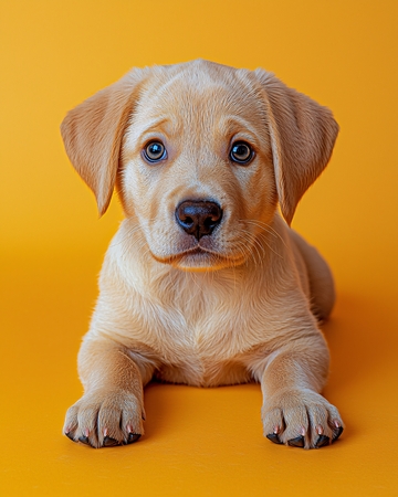 黄颜色背景下的小拉布拉多犬