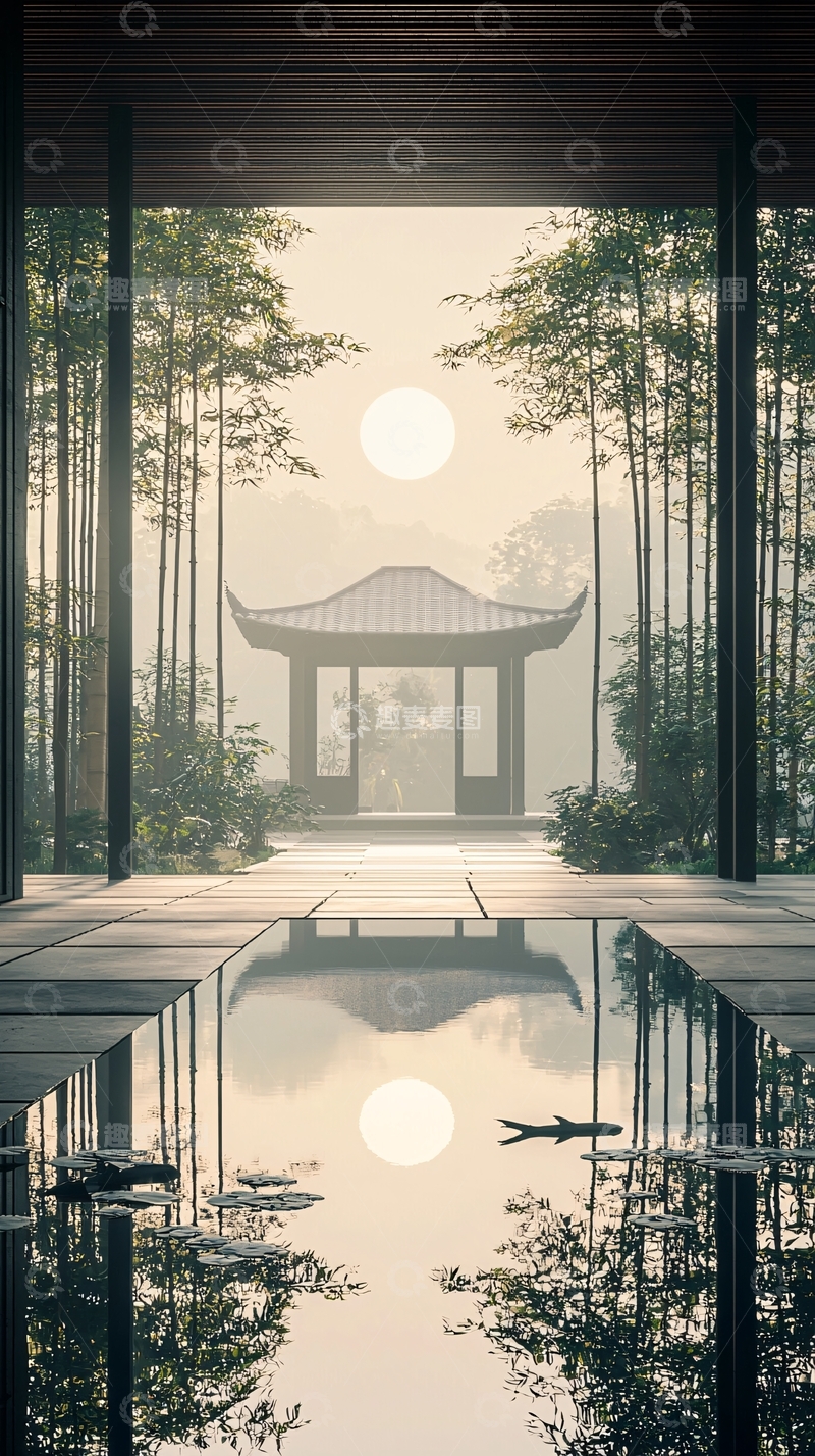 高清大图下载【趣麦麦图】竹林庭院日出倒影