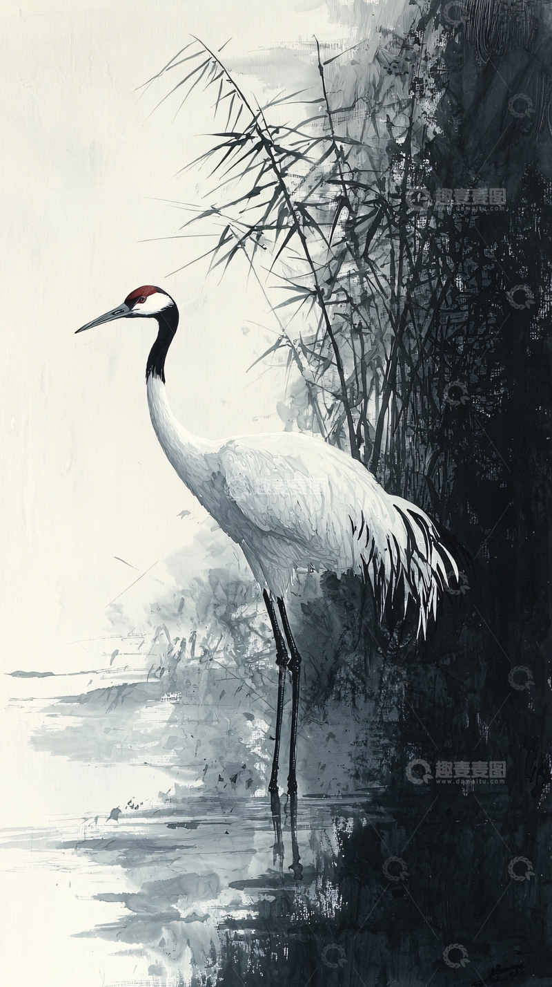 高清大图下载【趣麦麦图】水墨丹顶鹤