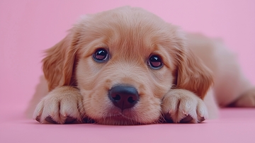 粉红色背景下的小金毛幼犬