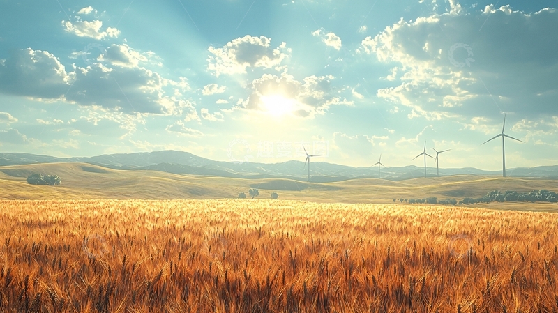 高清大图下载【趣麦麦图】阳光麦田风力发电