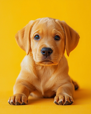 黄颜色背景下的小拉布拉多幼犬