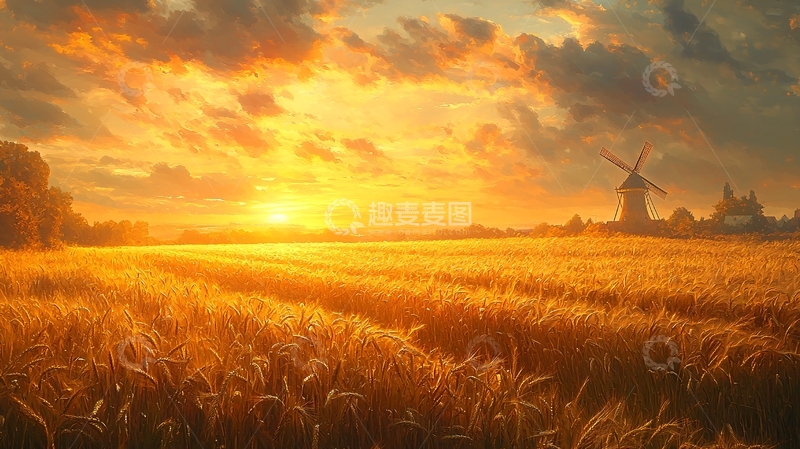 高清大图下载【趣麦麦图】金黄麦田日落风车