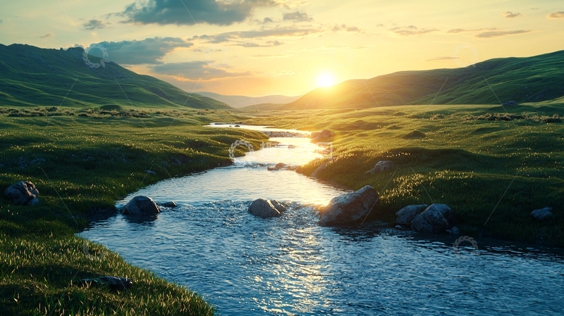 高清大图下载【趣麦麦图】山谷河流夕阳景色