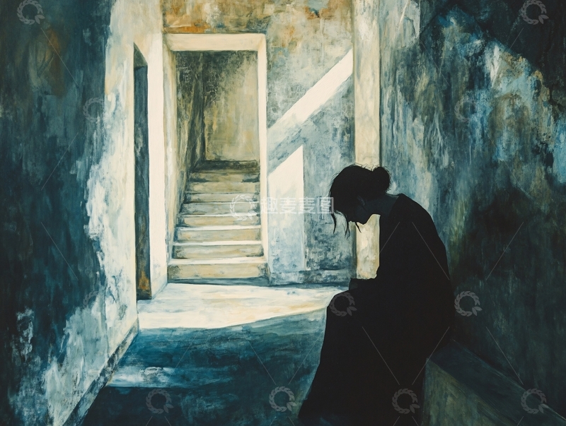 高清大图下载【趣麦麦图】-忧郁女子坐在破败建筑