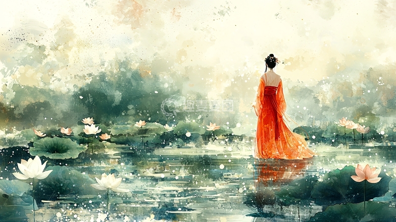 高清大图下载【趣麦麦图】红衣女子莲池背影