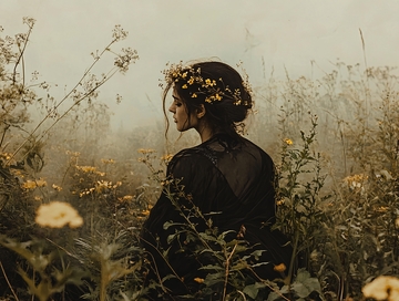 雾中黑裙女子花环