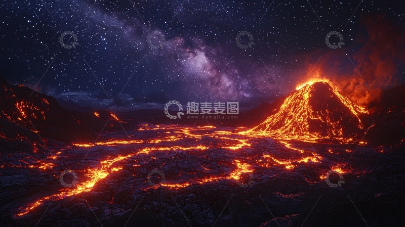 高清大图下载【趣麦麦图】火山喷发下的星空
