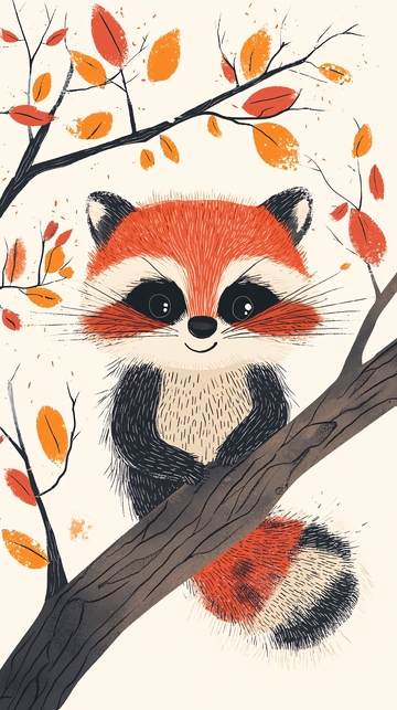 小浣熊树枝秋叶插画