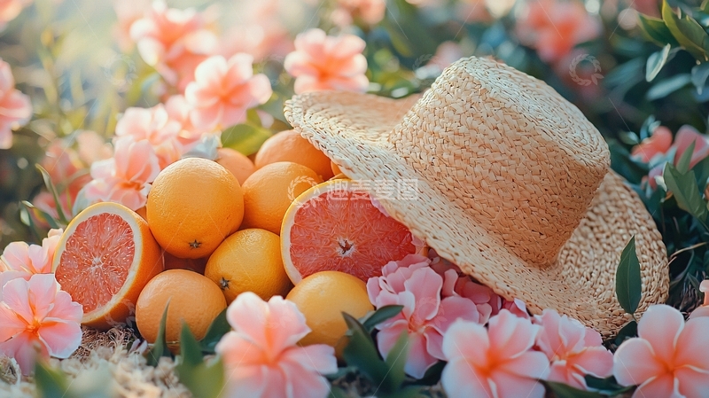 高清大图下载【趣麦麦图】阳光下柑橘与草帽