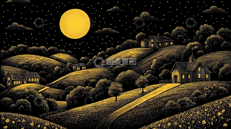高清大图下载【趣麦麦图】月光下的乡村夜景