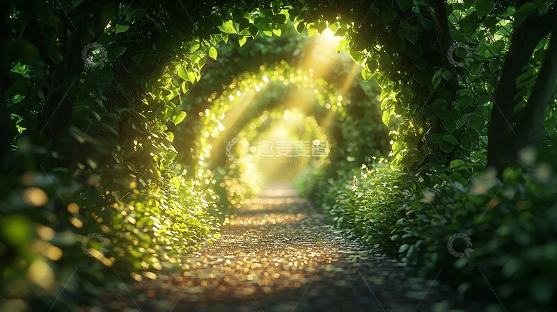 高清大图下载【趣麦麦图】绿叶拱门下的阳光小径