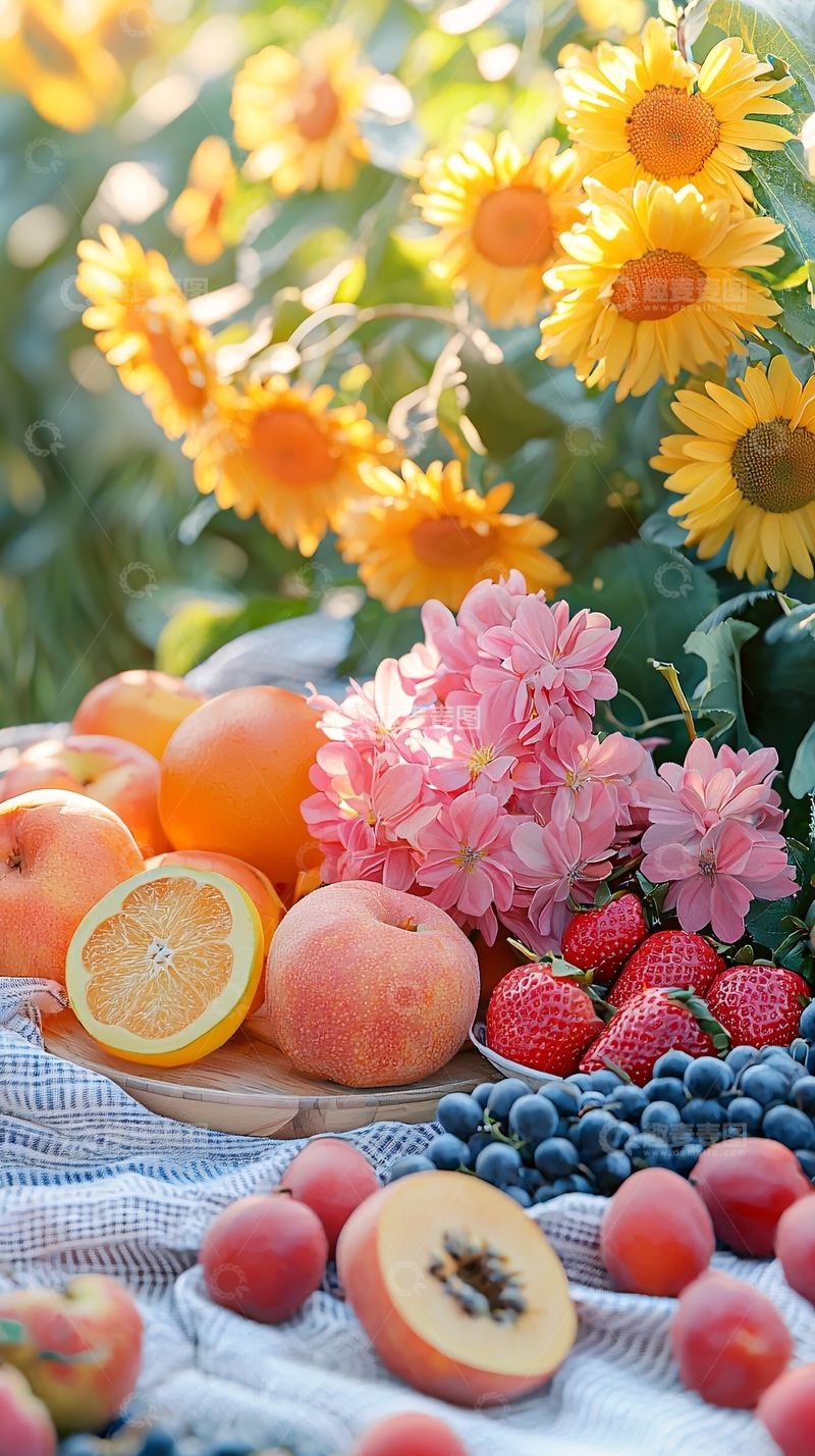 高清大图下载【趣麦麦图】阳光下水果和向日葵