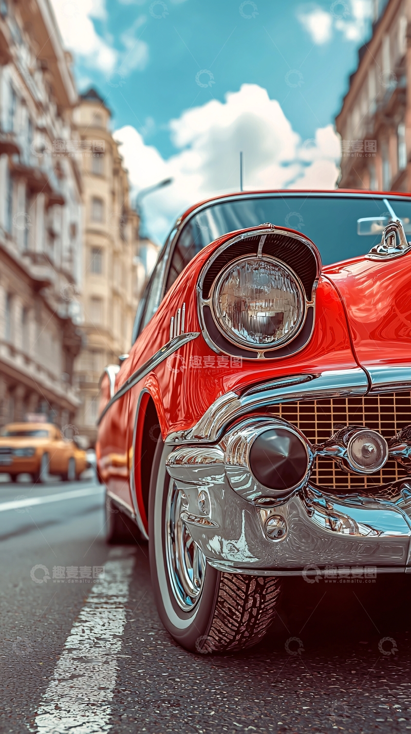 高清大图下载【趣麦麦图】复古红色老爷车街景