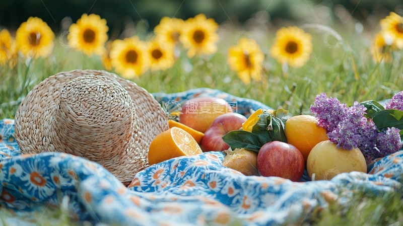 草地野餐水果帽子鲜花