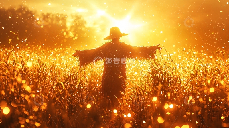 高清大图下载【趣麦麦图】稻田里的稻草人日出剪影