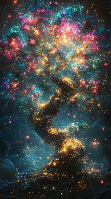 宇宙星空下的光树