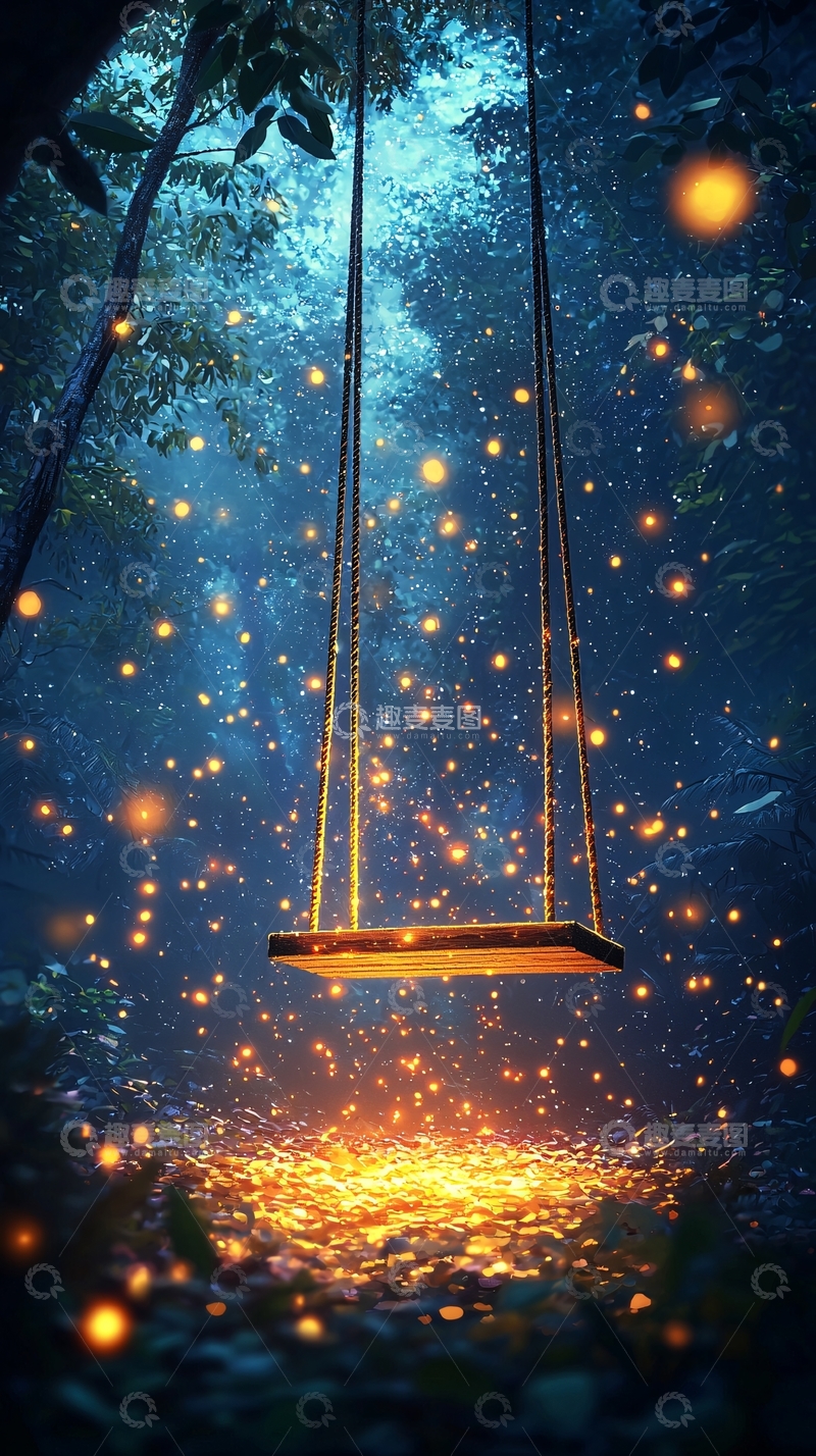 高清大图下载【趣麦麦图】萤火虫森林秋千