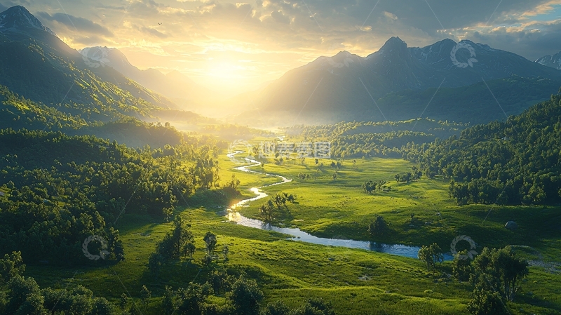 高清大图下载【趣麦麦图】日出山谷河流森林