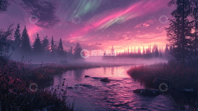 高清大图下载【趣麦麦图】极光下的梦幻森林