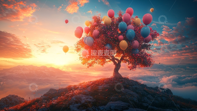 高清大图下载【趣麦麦图】绚丽多彩的气球树