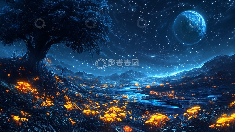 高清大图下载【趣麦麦图】梦幻蓝色星球夜景