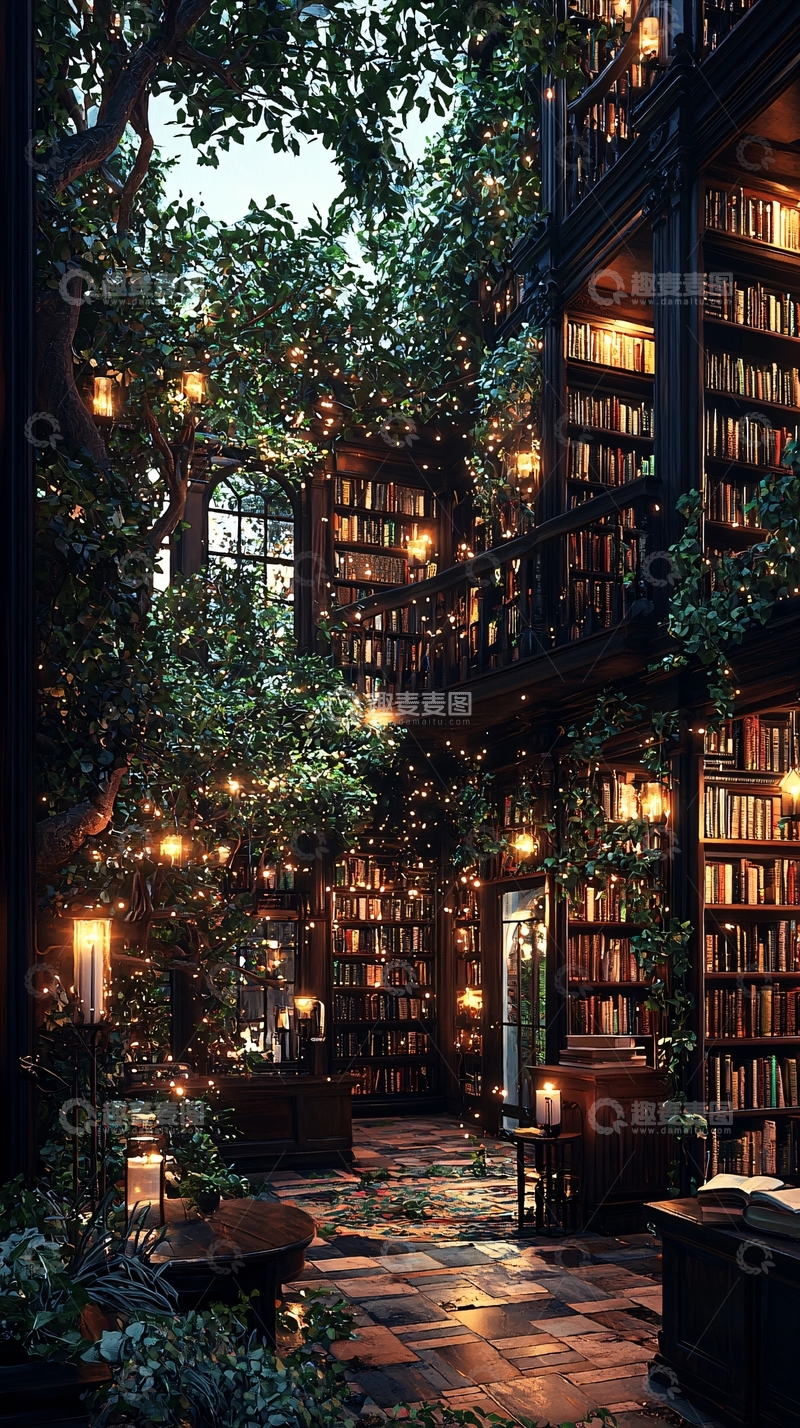 高清大图下载【趣麦麦图】树木环绕的梦幻图书馆