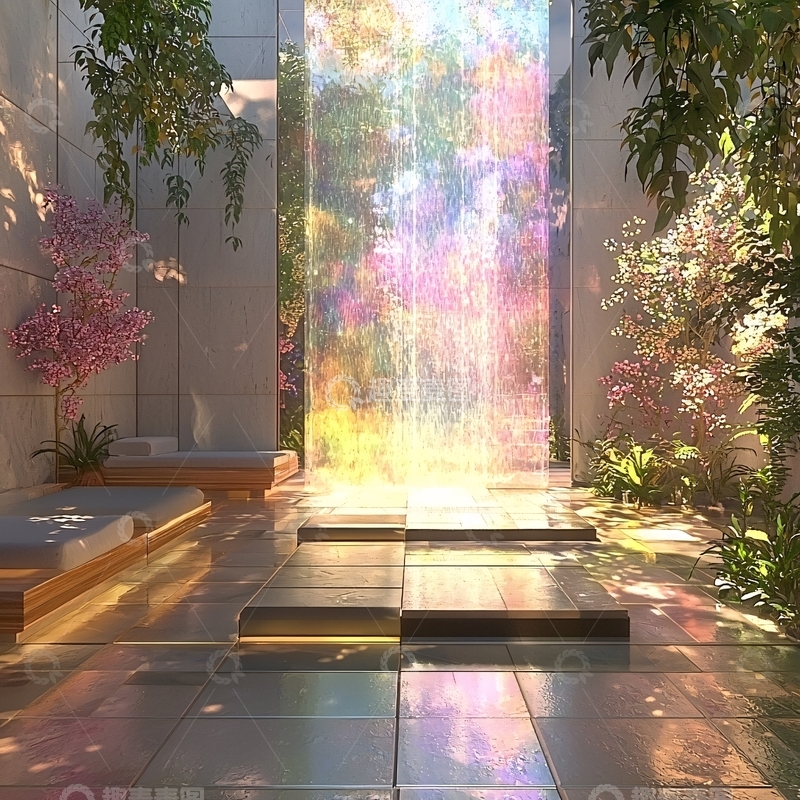 高清大图下载【趣麦麦图】梦幻彩虹瀑布室内花园