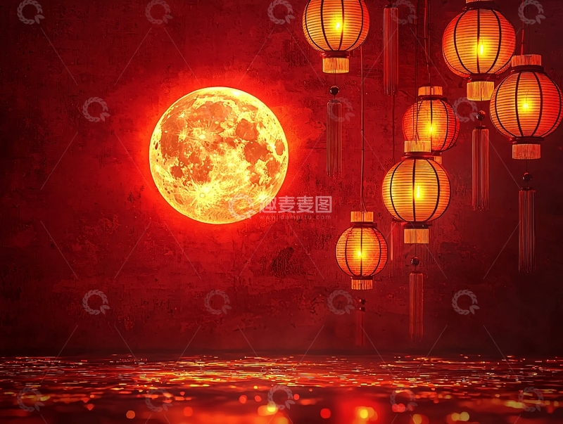 高清大图下载【趣麦麦图】红色满月灯笼夜景