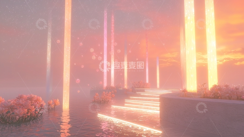 高清大图下载【趣麦麦图】粉色光柱水面梦幻场景