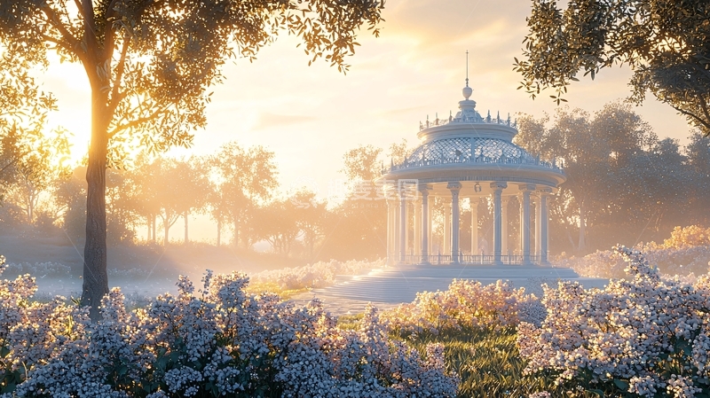 高清大图下载【趣麦麦图】清晨阳光下的亭台