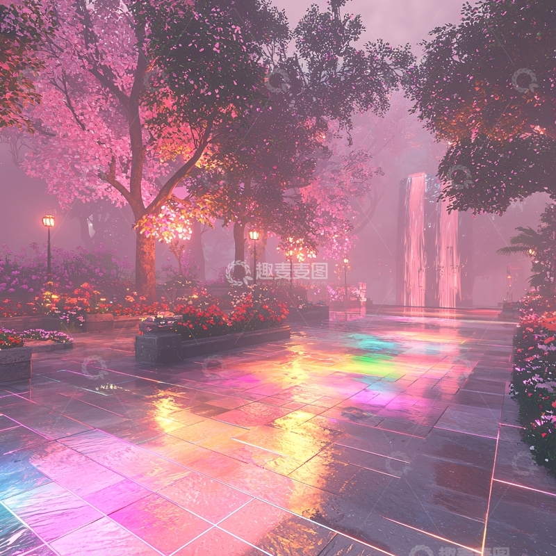 高清大图下载【趣麦麦图】梦幻粉色雨夜公园