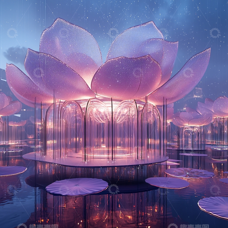 高清大图下载【趣麦麦图】梦幻紫莲灯建筑
