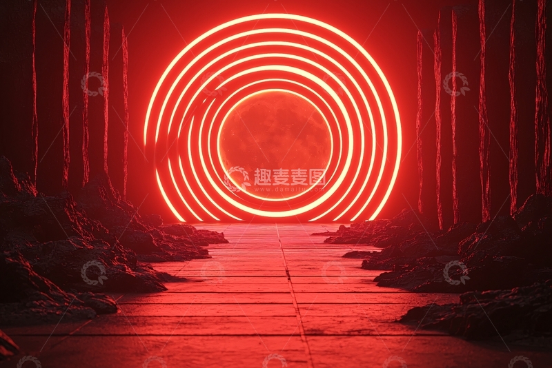 高清大图下载【趣麦麦图】红色霓虹灯环形通道